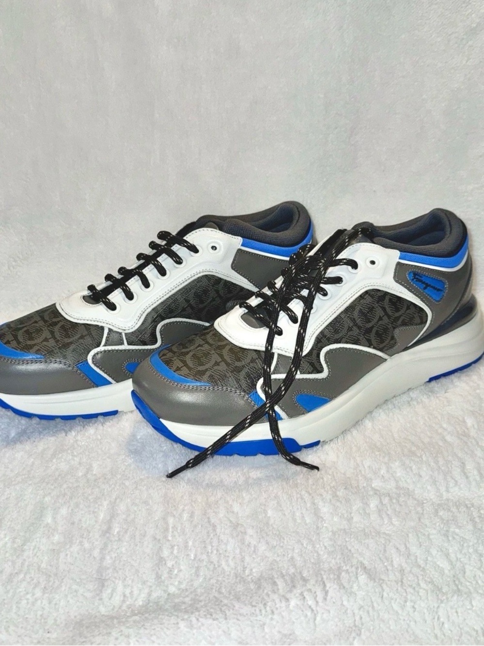 Salvatore Ferragamo Gancini Gray, White & Blue Logo-Print Men's Sneakers Size 10